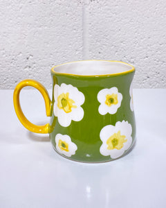 Green Ceramic Mug with White Flowers