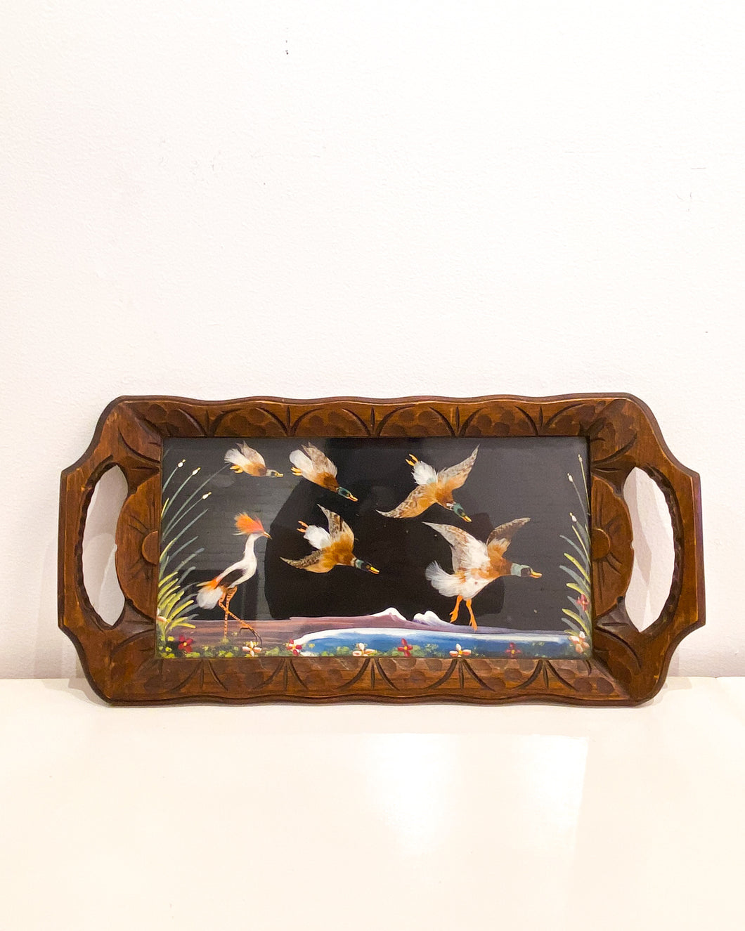 Vintage Wood Carved Tray with Real Feather Birds