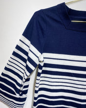 Load image into Gallery viewer, Navy Blue and White Striped Blouse with Side Tie (S)
