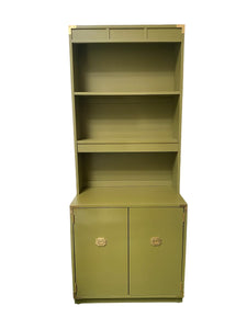 Vintage Olive Green Campaign Style Bookshelf/Hutch Cabinet