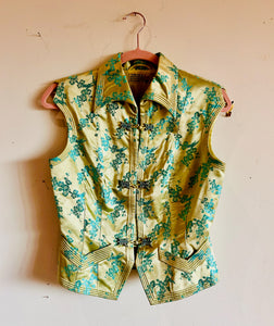 Yung Kee Co. Yellow and Blue Asian Embroidered Silk Kimono Vest