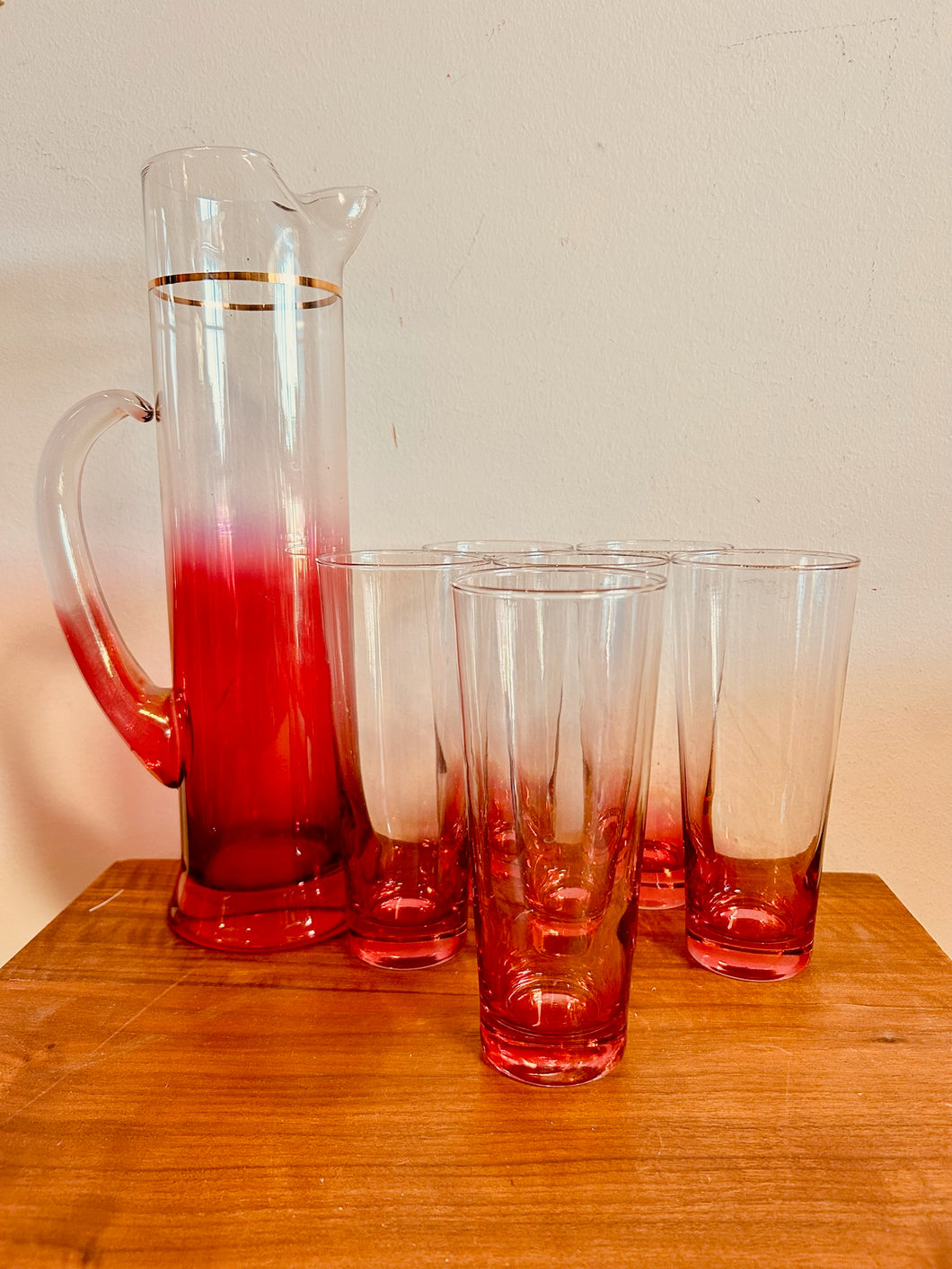 Vintage Ombré Rose Cranberry Martini Iridescent Pitcher and Tall Glass set of 6