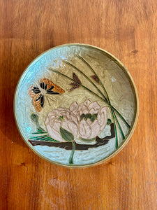 Vintage Brass Cloisonné Embossed Enamel Butterfly and Lotus Plate Bowl