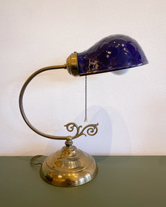 Vintage Blue Ceramic and Brass Table Lamp