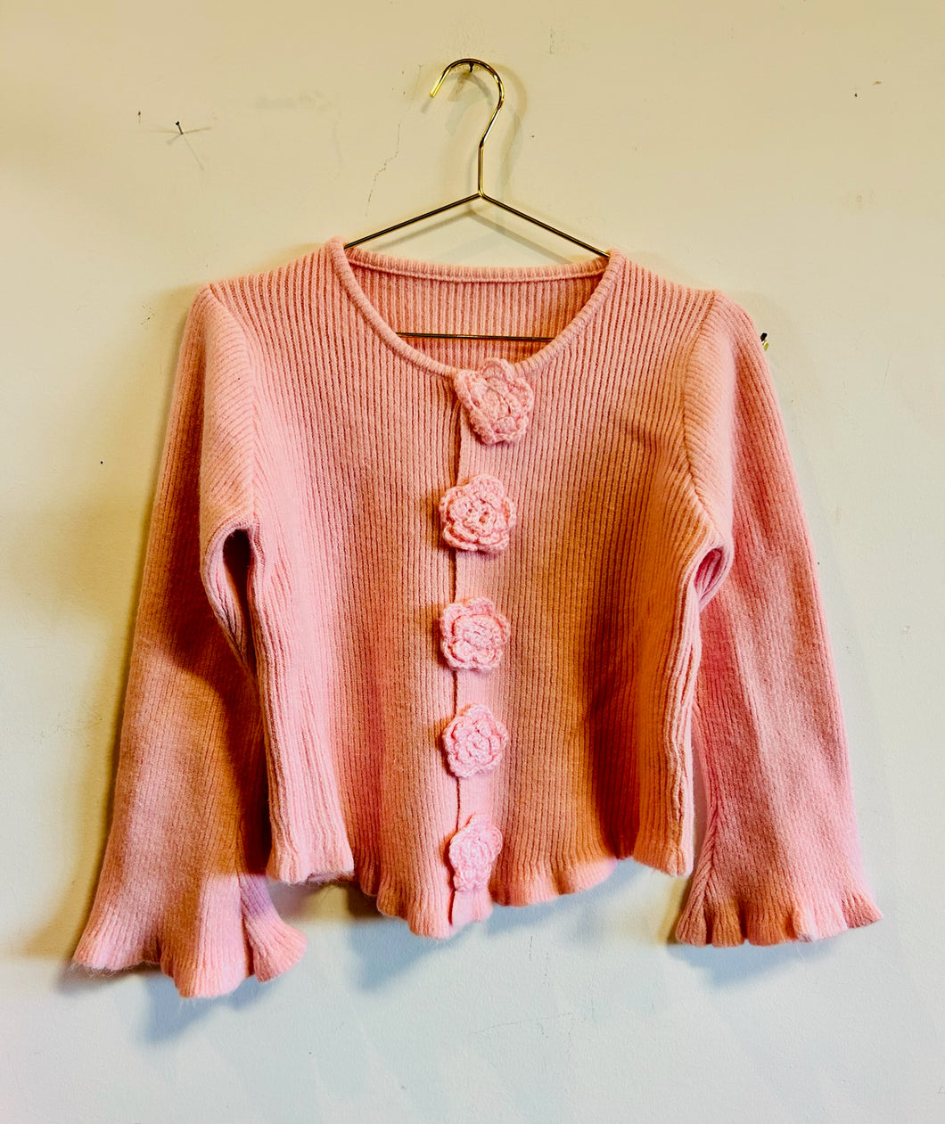 Pink Knitted Flowered Frilly Sweater