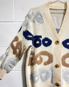 Cream Cardigan with Blue, Beige and Gray Detail