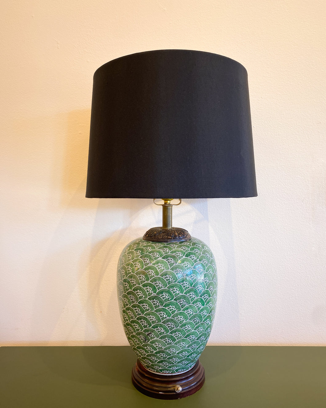 Vintage Green Ceramic Table Lamp with Black Shade