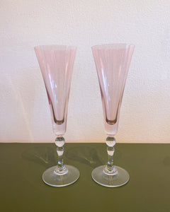 Vintage Pair of Pink Fluted Wine Glasses with Clear Stems