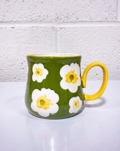 Green Ceramic Mug with White Flowers