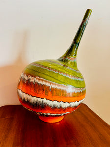 Cyan Design Art on Orange Green Wavy Vase