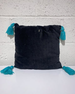 Vintage Turquoise and Black Woven Pillow with Tassels