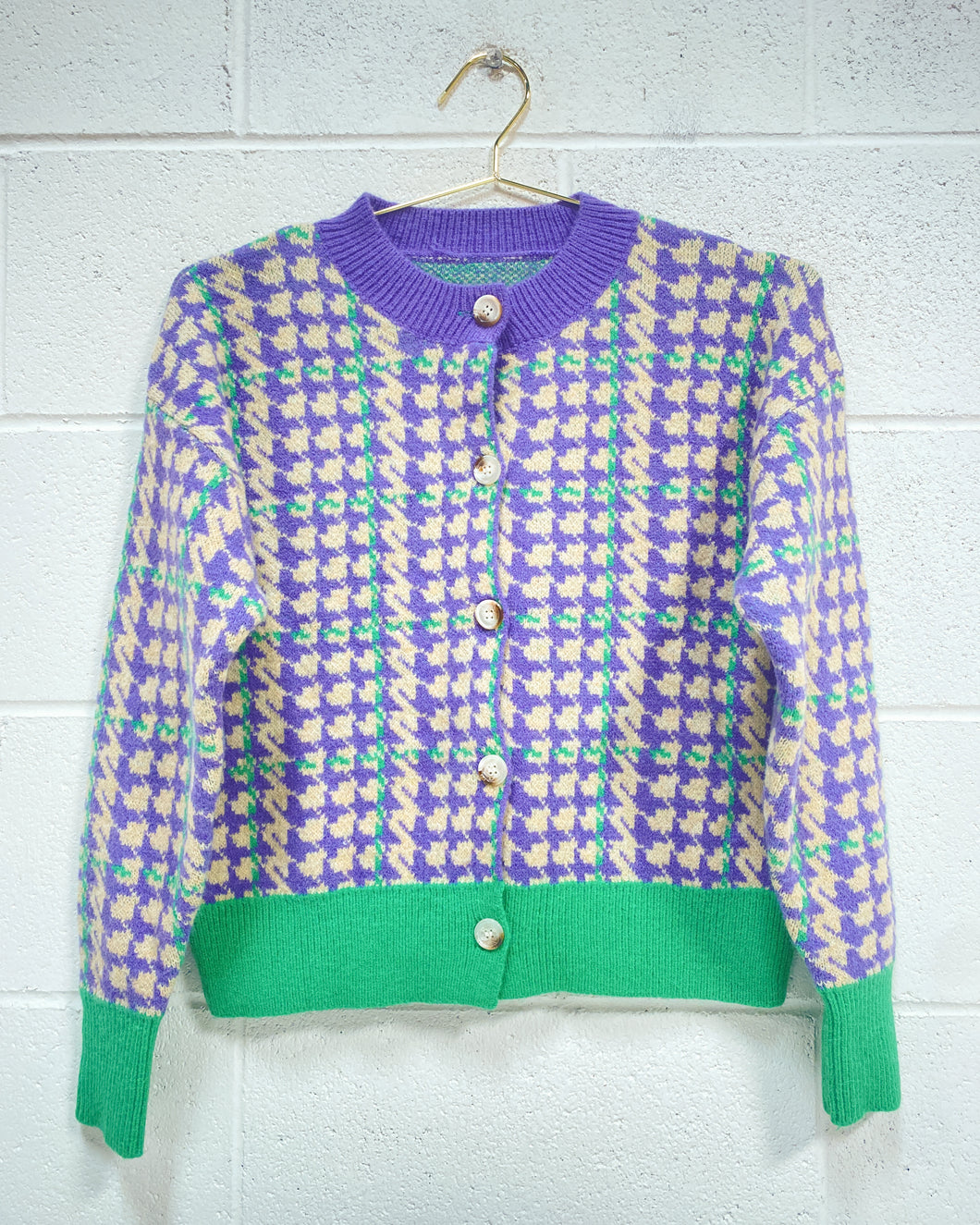 Lavender and Green Houndstooth Cardigan (L)