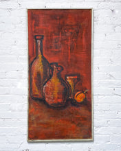 Load image into Gallery viewer, Vintage Large Still Life Painting of Bottles in Red and Black
