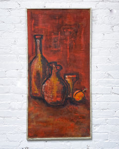 Vintage Large Still Life Painting of Bottles in Red and Black