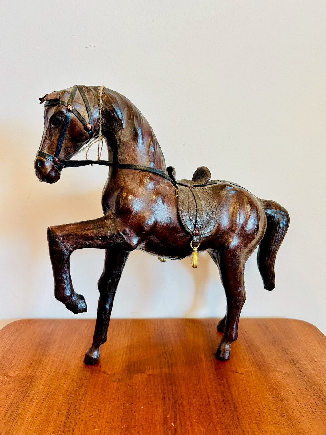 Mid 20th Century Hand Crafted Leather Wrapped Chestnut Horse Statue/Sculpture With Saddle and Stirrups