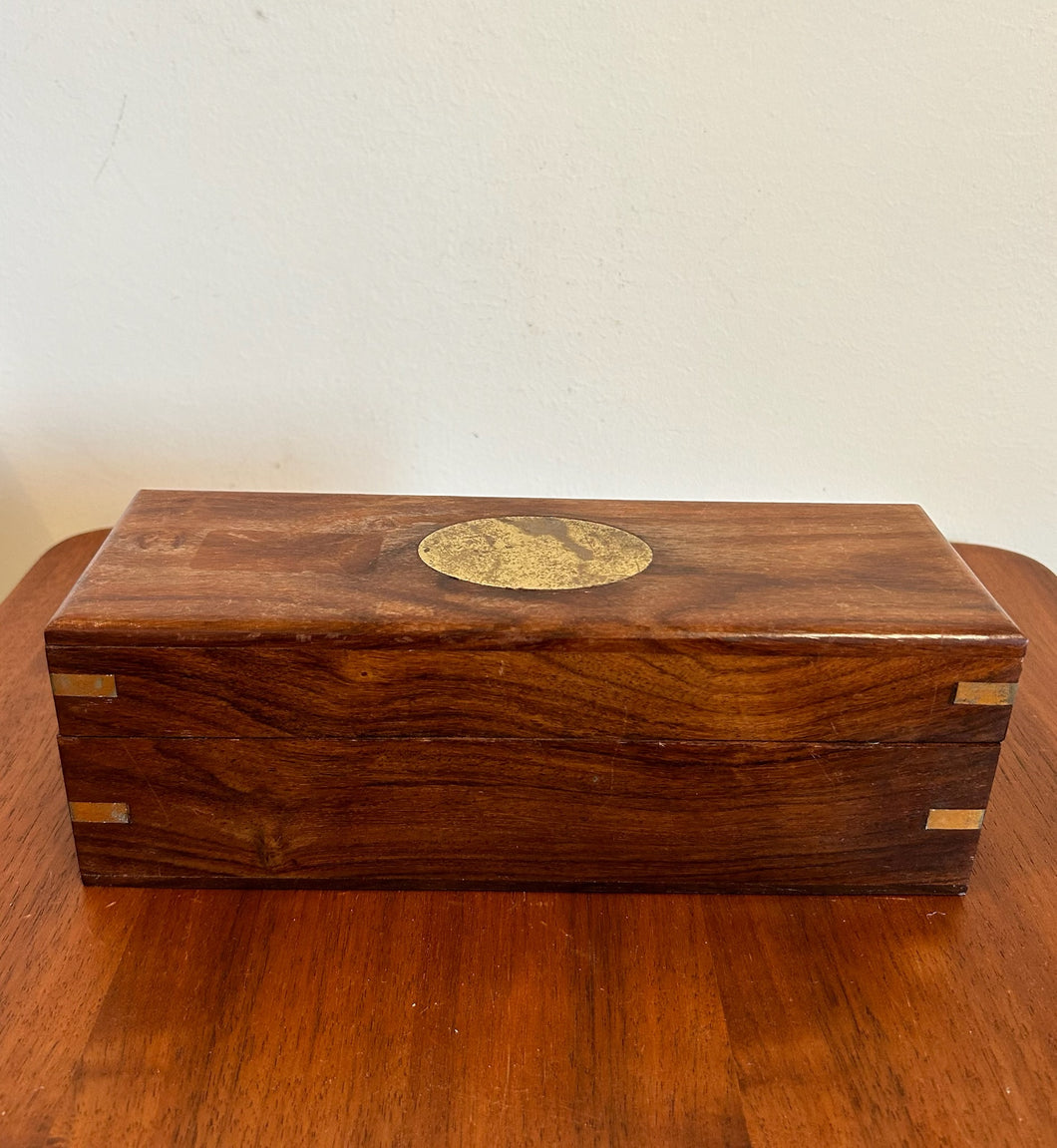 Antique Brass Inlaid Wooden Chest Dark Walnut With Brass Detail Storage Box