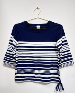 Navy Blue and White Striped Blouse with Side Tie (S)