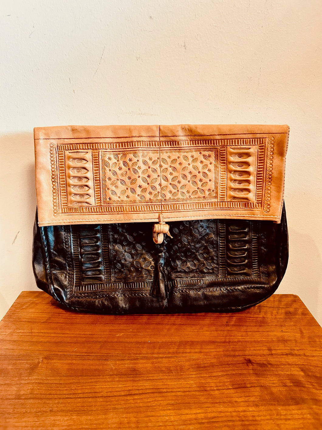 Hand Embroidered Black and Brown Leather Clutch Purse