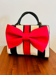 Betsy Johnson Satchel Black and White Stripe Bag with a Red Bow