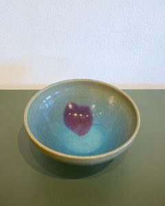 Vintage Blue Glazed Ceramic Bowl with Purple Detail