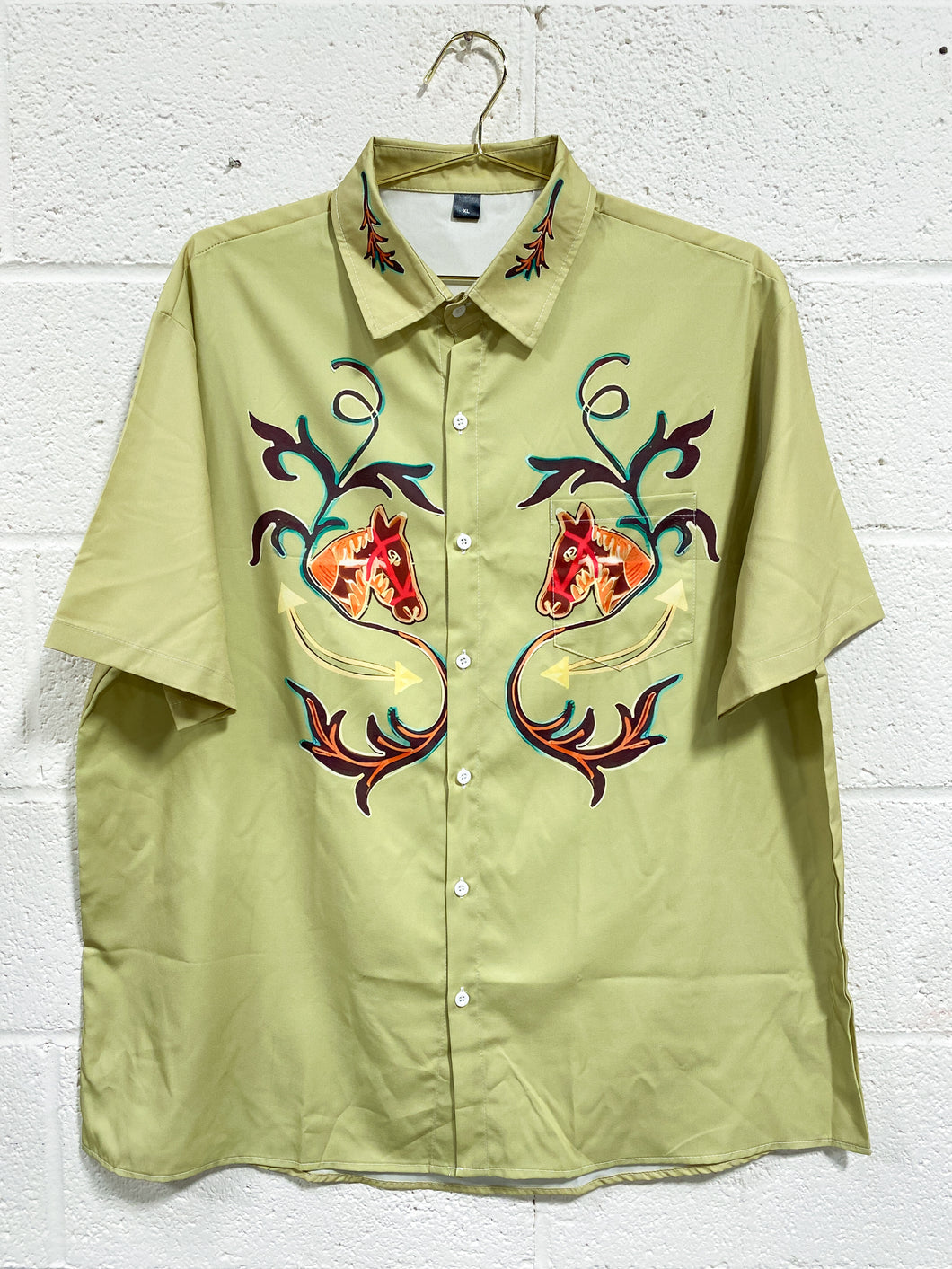 Green Button Up with Horse Motif (XL)