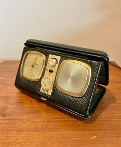 Vintage Elgin Automatic Travel Clock Radio, AM Band, Leather Case, Radio & Leather Case - Made In Hong Kong, Clock - Made In Japan, Circa 1965 - 1969