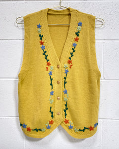 Mustard Knit Vest with Flowers