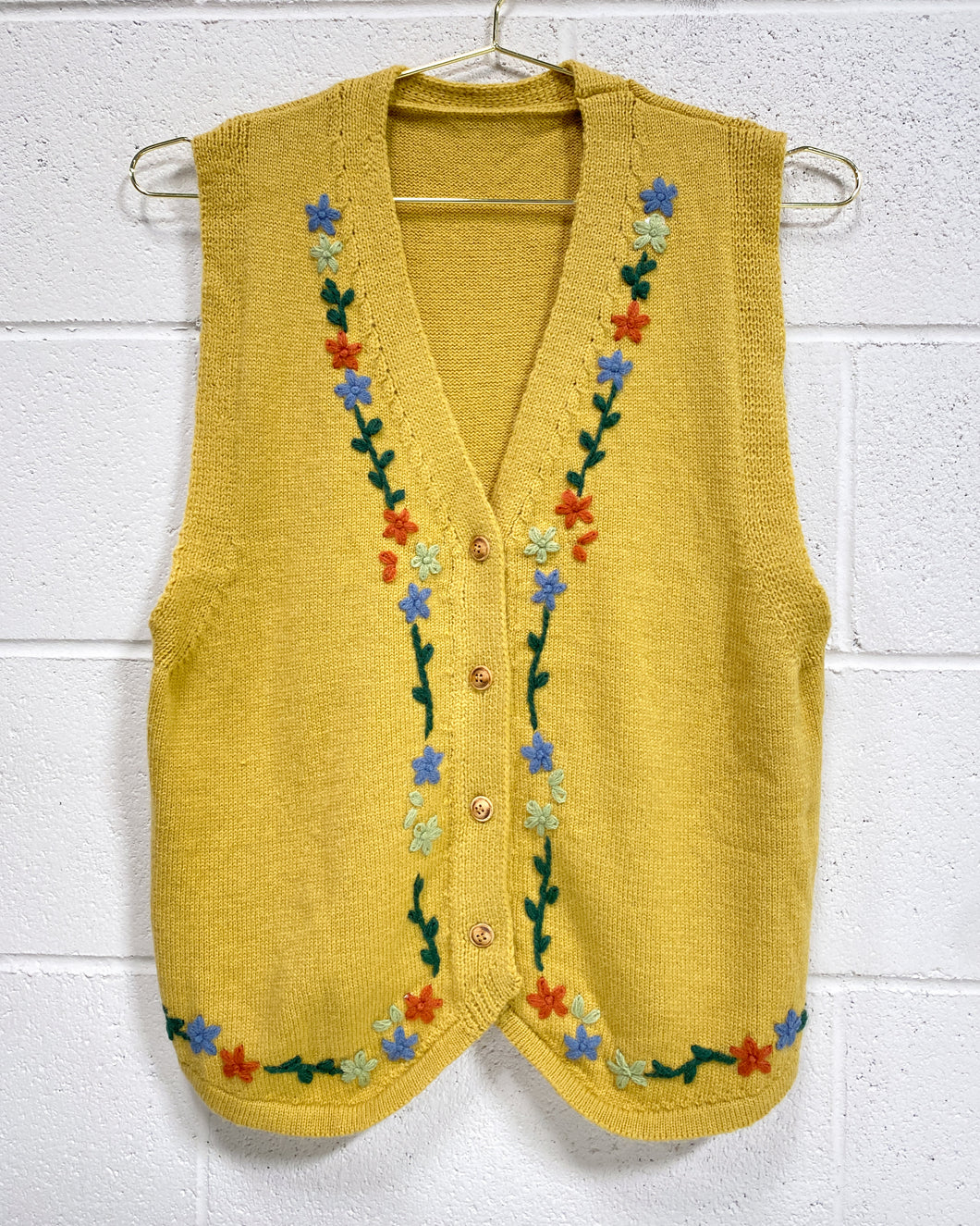 Mustard Knit Vest with Flowers