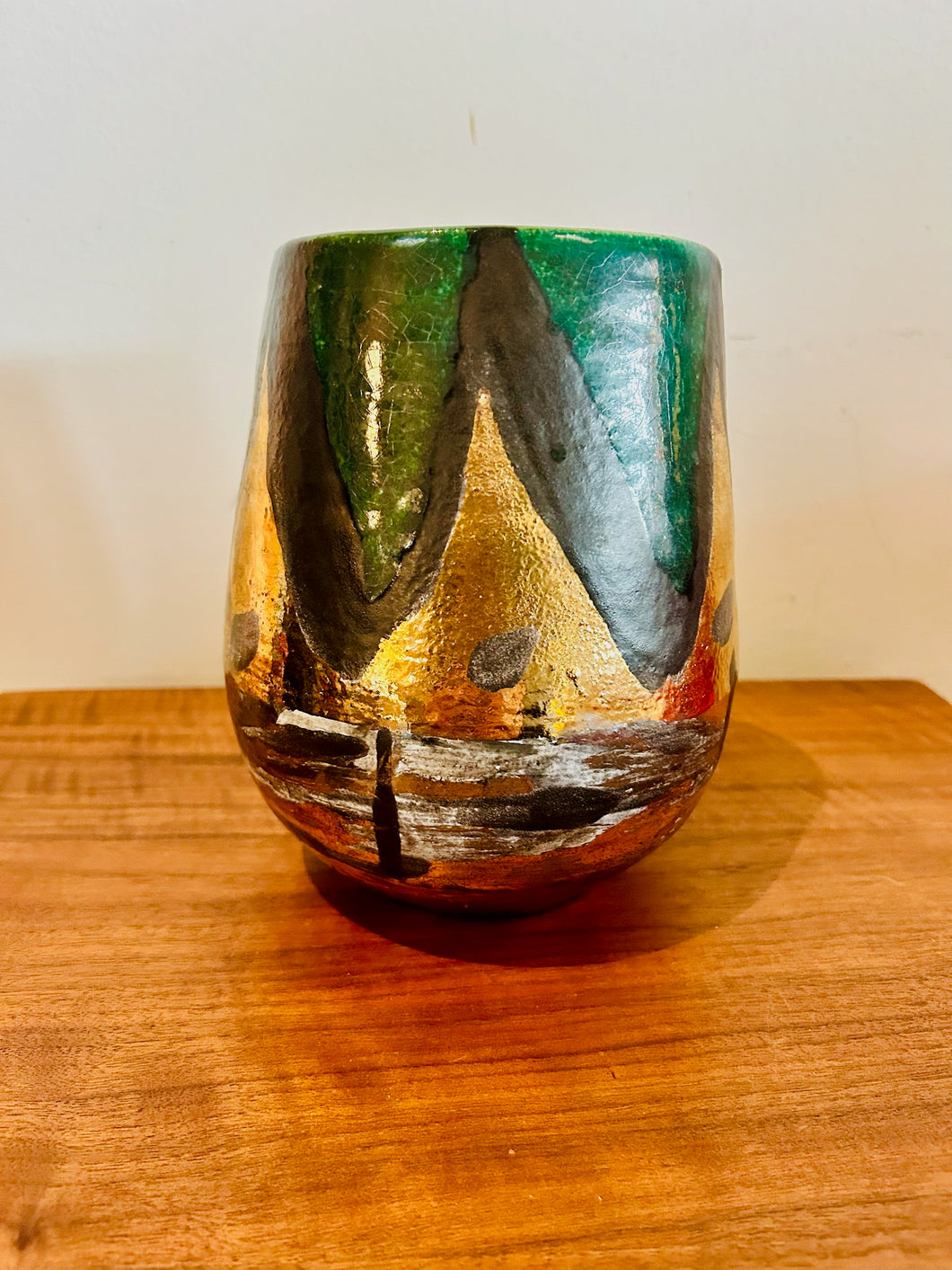 Studio Pottery Belgium Gold, Green, Blue and Brown Volcano Shape Dripware Vase