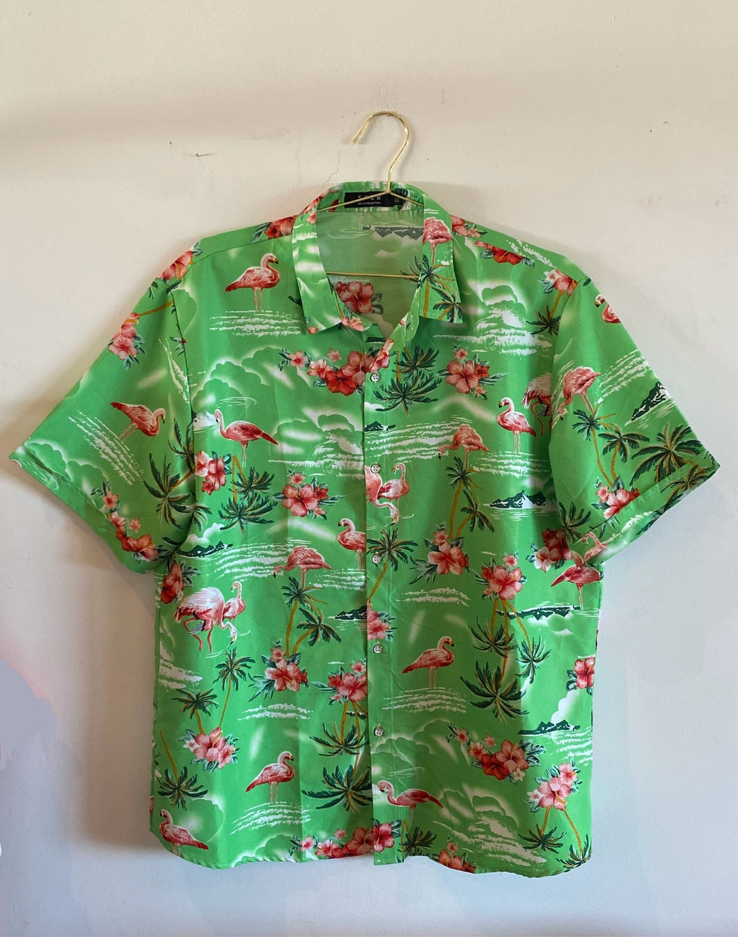 Green Hawaiian Shirt with Pink Flamingos