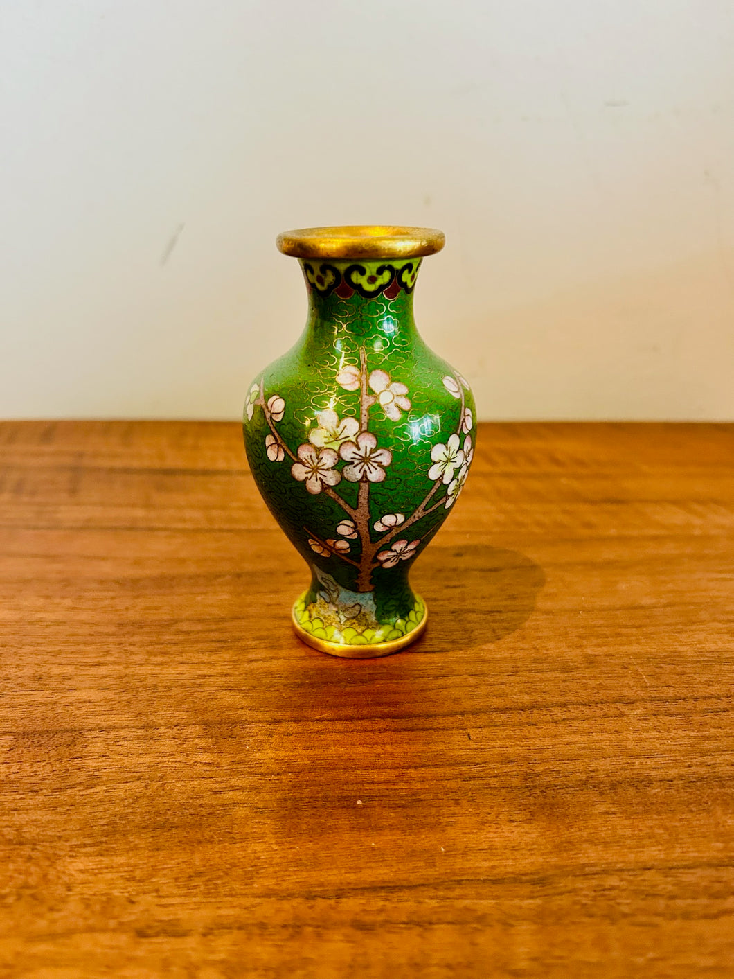 Vintage Chinese Cloisonne Cherry Blossom Green Vase