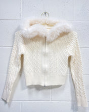 Load image into Gallery viewer, Cream Zip Up Sweater with Furry Hood (L)
