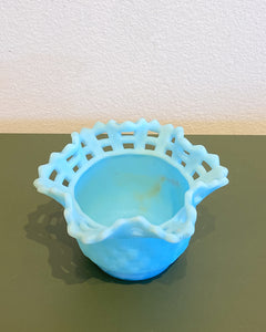 Vintage Fenton Blue Satin Custard Glass Basket Weave Catchall