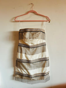 L’atiste by Amy Cream and Gold Strapless Dress w Copper Colored Bead Chain Fringes