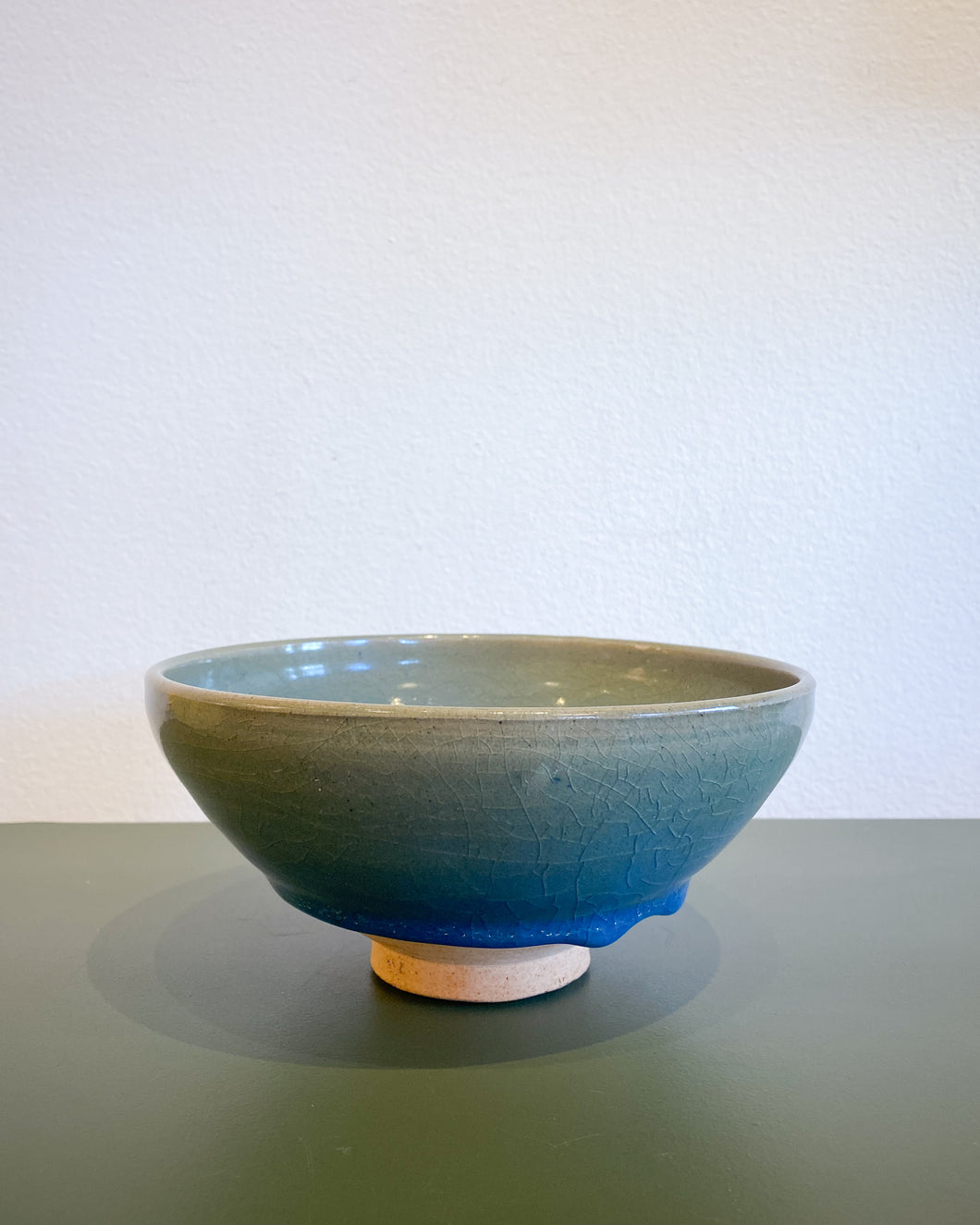 Vintage Blue Glazed Ceramic Bowl with Purple Detail