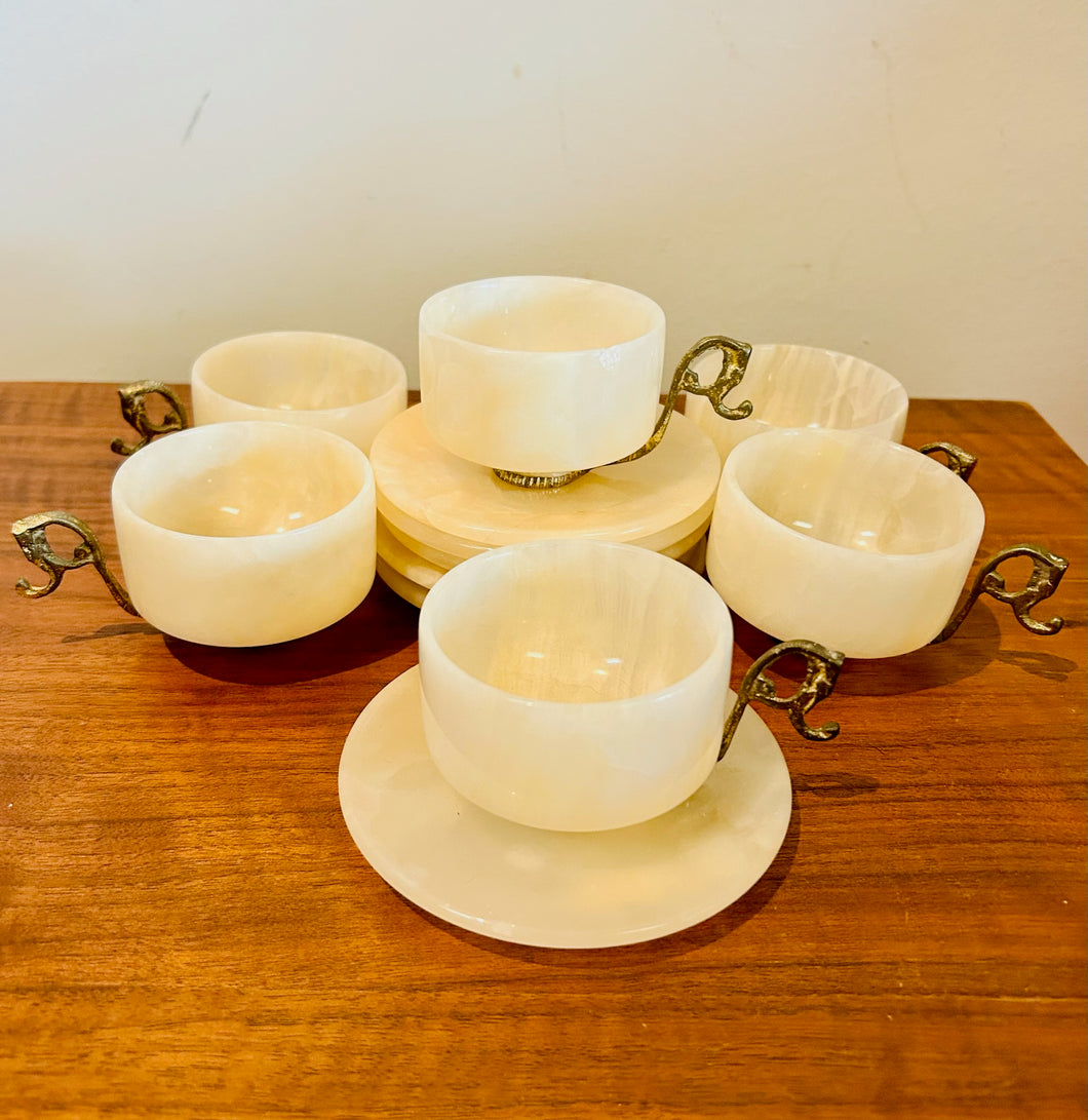 Vintage 1950s Carved Alabaster Stone Marble Tea cups and saucer w Gold brass Demitasse Handles 12 piece