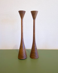 Vintage Pair of Walnut MCM Candle Holders - Made in Japan