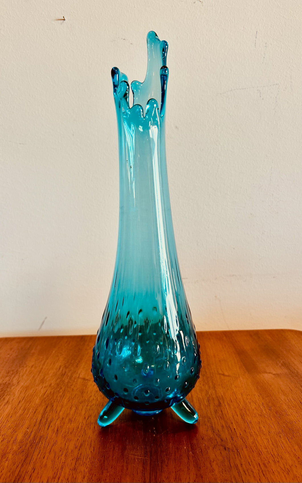 Turquoise Blue Fayette Hobnail Three Footed Swung Vase