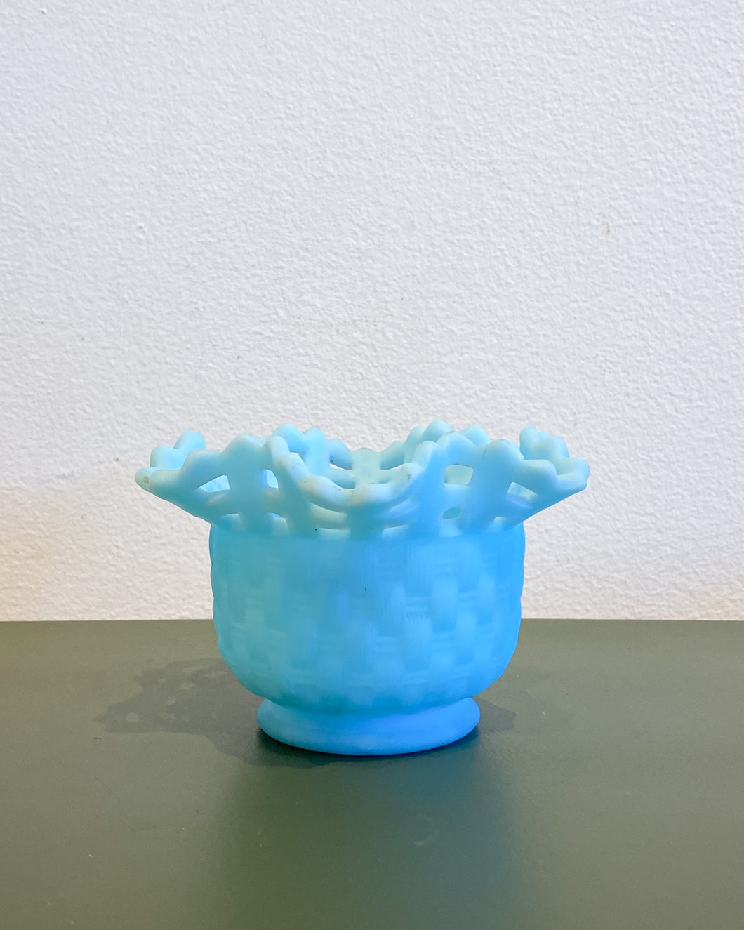 Vintage Fenton Blue Satin Custard Glass Basket Weave Catchall