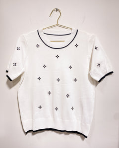 White Knit Blouse with Black Flowers (M)