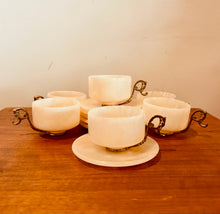 Load image into Gallery viewer, Vintage 1950s Carved Alabaster Stone Marble Tea cups and saucer w Gold brass Demitasse Handles 12 piece
