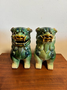 Chinese Foo Dog Ceramic Two Tone Green Statue Set of 2