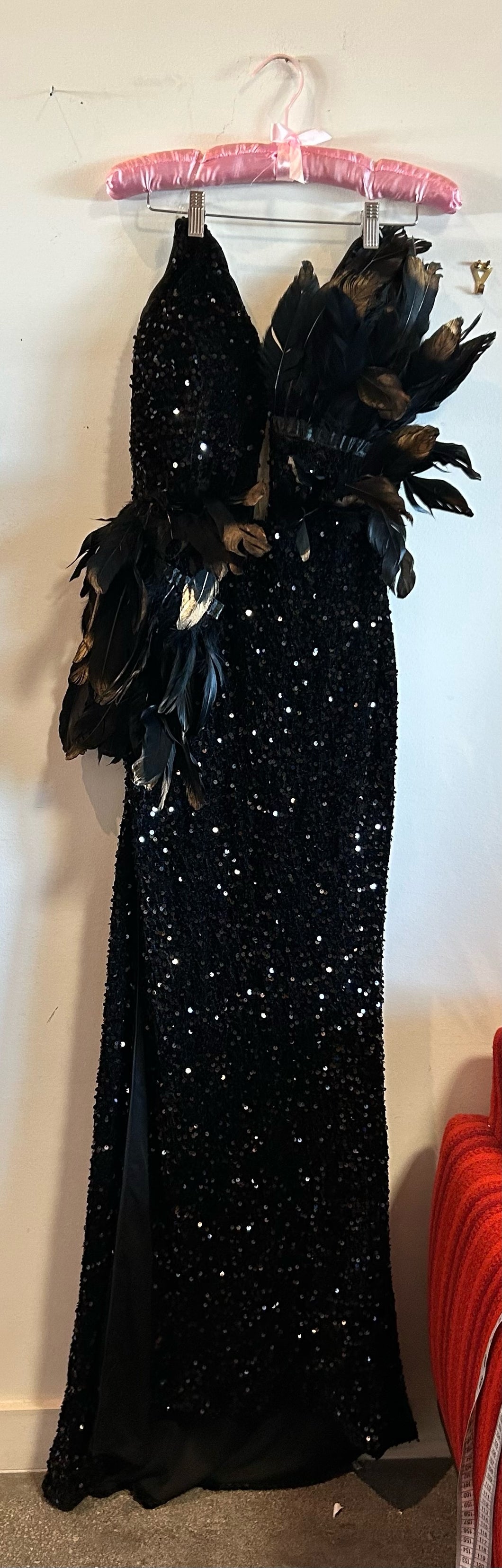 Black Feather Sequin Maxi Cocktail Dress