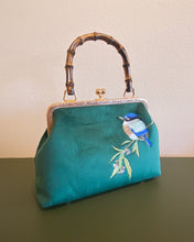 Load image into Gallery viewer, Green Velvet Bird Purse with Bamboo Handle
