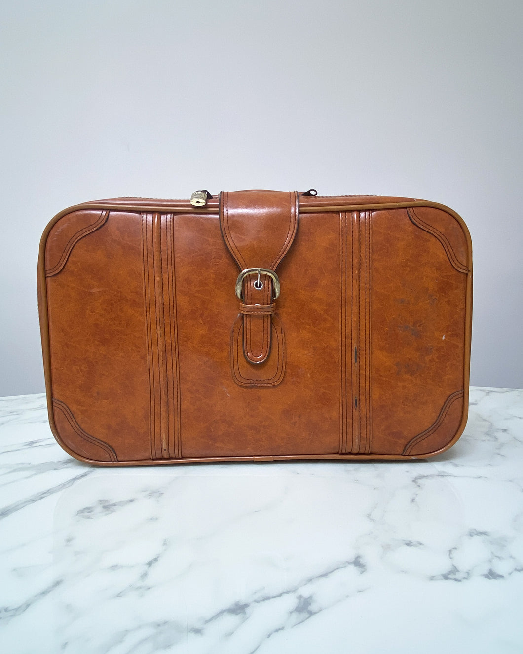 Vintage Faux Brown Leather Suitcase - Small