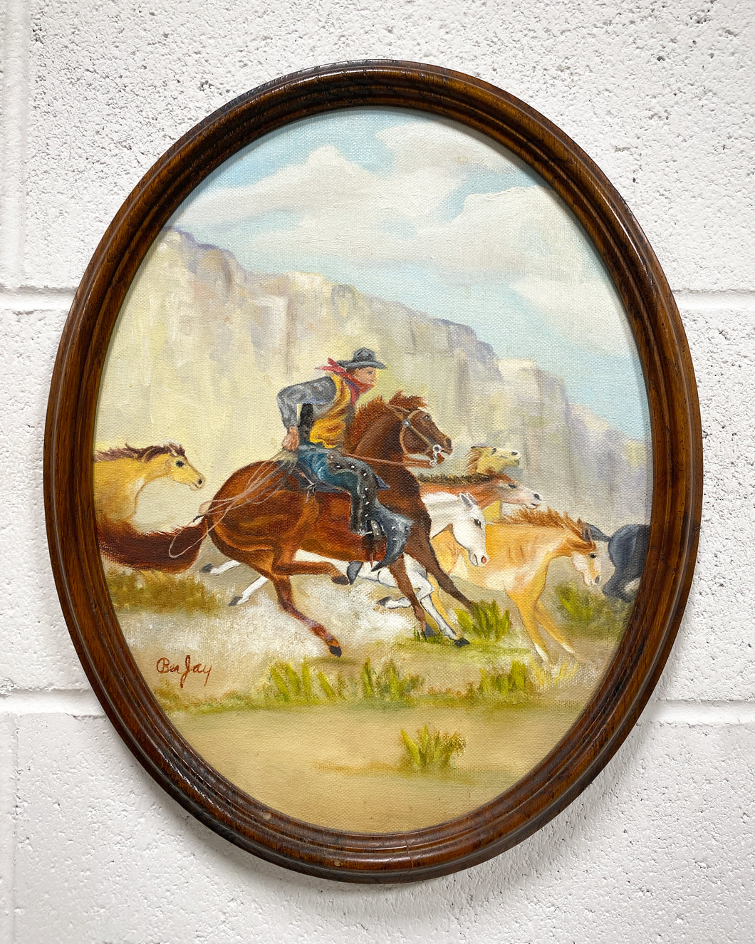 Vintage Cowboy and Horse Painting by Bea Jay, Signed