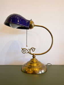 Vintage Blue Ceramic and Brass Table Lamp