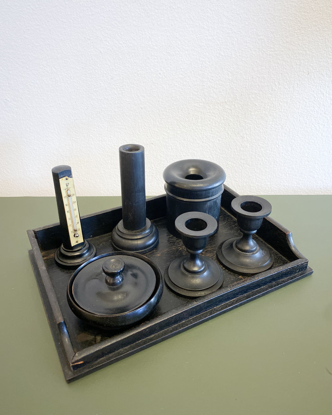 Antique Ebonized Wood Inkwell Set