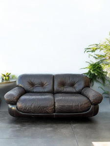 Vintage Loveseat in Brown Leather by Sapporo for Mobil Girgi Italia, 1970’s