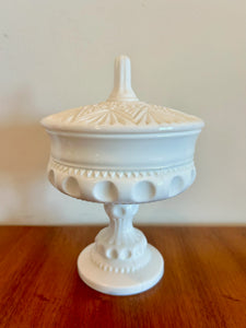 Crown Milk Glass Compote, Thumbprint White Round Bowl on Pedestal